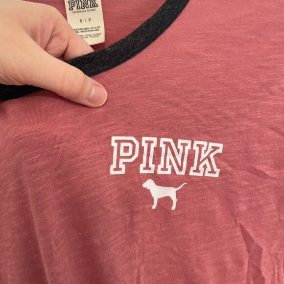 VS PINK VICTORIA'S SECRET Ringer Tee Rose Mauve Pink Spellout Logo Short Sleeve - Picture 7 of 16